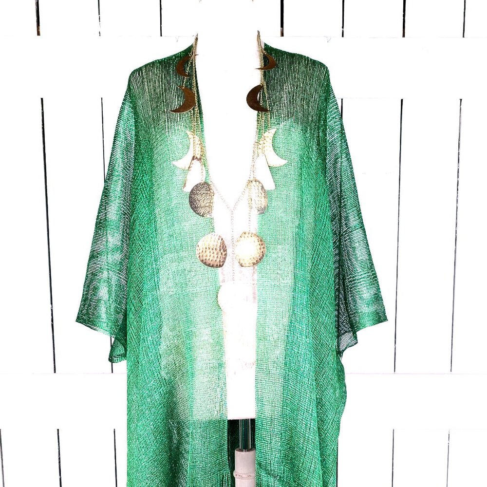 Green metallic mesh fringe kimono cover up